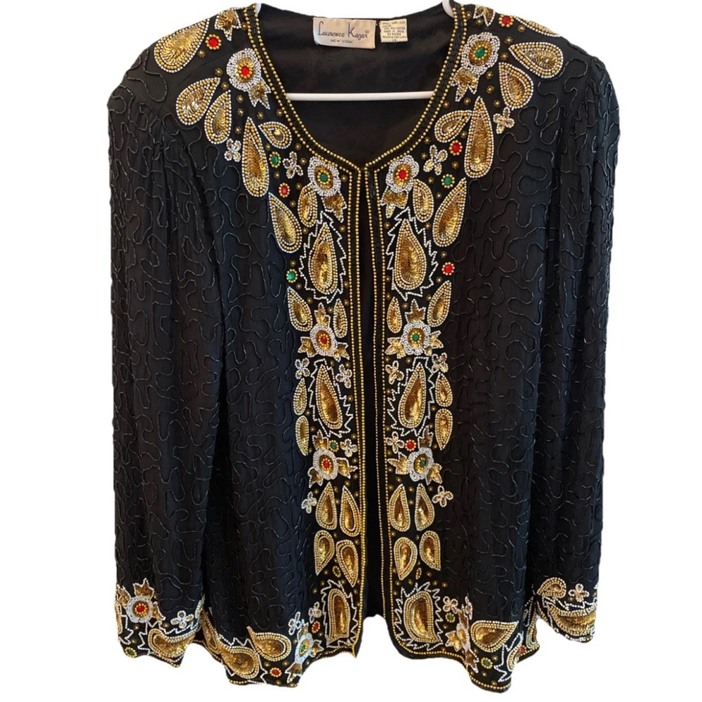 VTG Laurence Kazar Women’s Size 1X 80’s Black Sequin Beaded Silk Evening Jacket